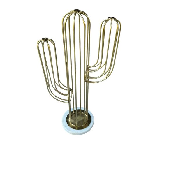 Gold Brass Cactus Sculpture With White Marble Base Modern Art Decor - Picture 6 of 9